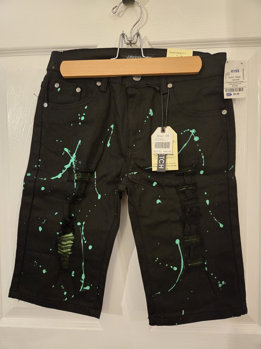 Kids Black Distressed Paint-Splatter Shorts